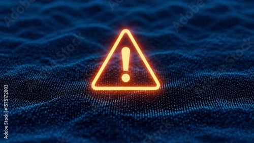 A glowing orange warning sign in a triangle shape stands out against a textured blue surface, symbolizing alert, danger, and potential security risks in a digital environment.