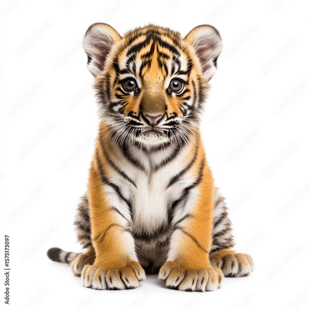 Fototapeta premium A cute baby tiger cub, isolated on a clean white background, showcasing its soft fur and curious eyes