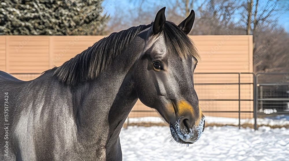 Fototapeta premium Stunning Gray Horse Winter Portrait, Equestrian Photography