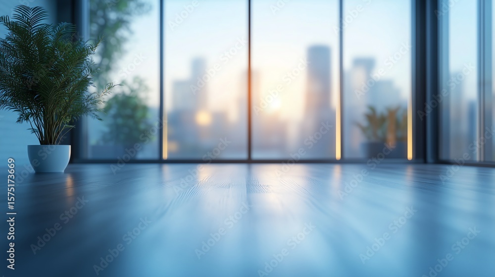 Fototapeta premium Modern office with large windows and soft natural lighting, blurred minimalist background. Perfect for corporate branding, presentations, or advertisements.