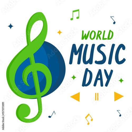 Flat Design World Music Day Illustration with Colorful Notes, Green Treble Clef, and Play Buttons for Event Poster, Celebration Banner, or Social Media Promotion