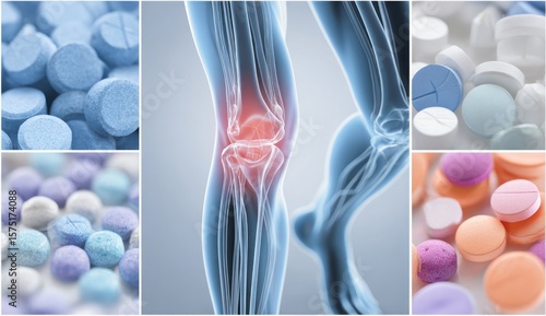 Collage of pills and an anatomical knee joint highlighting pain