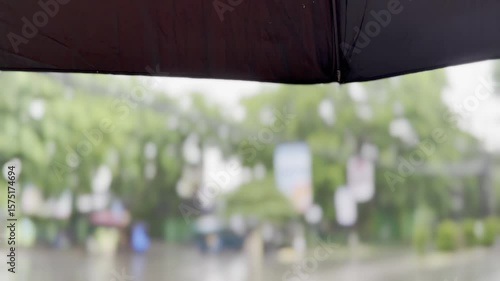 Black umbrella edge with blurry background of a rainy, green outdoor scene with distant colorful elements.