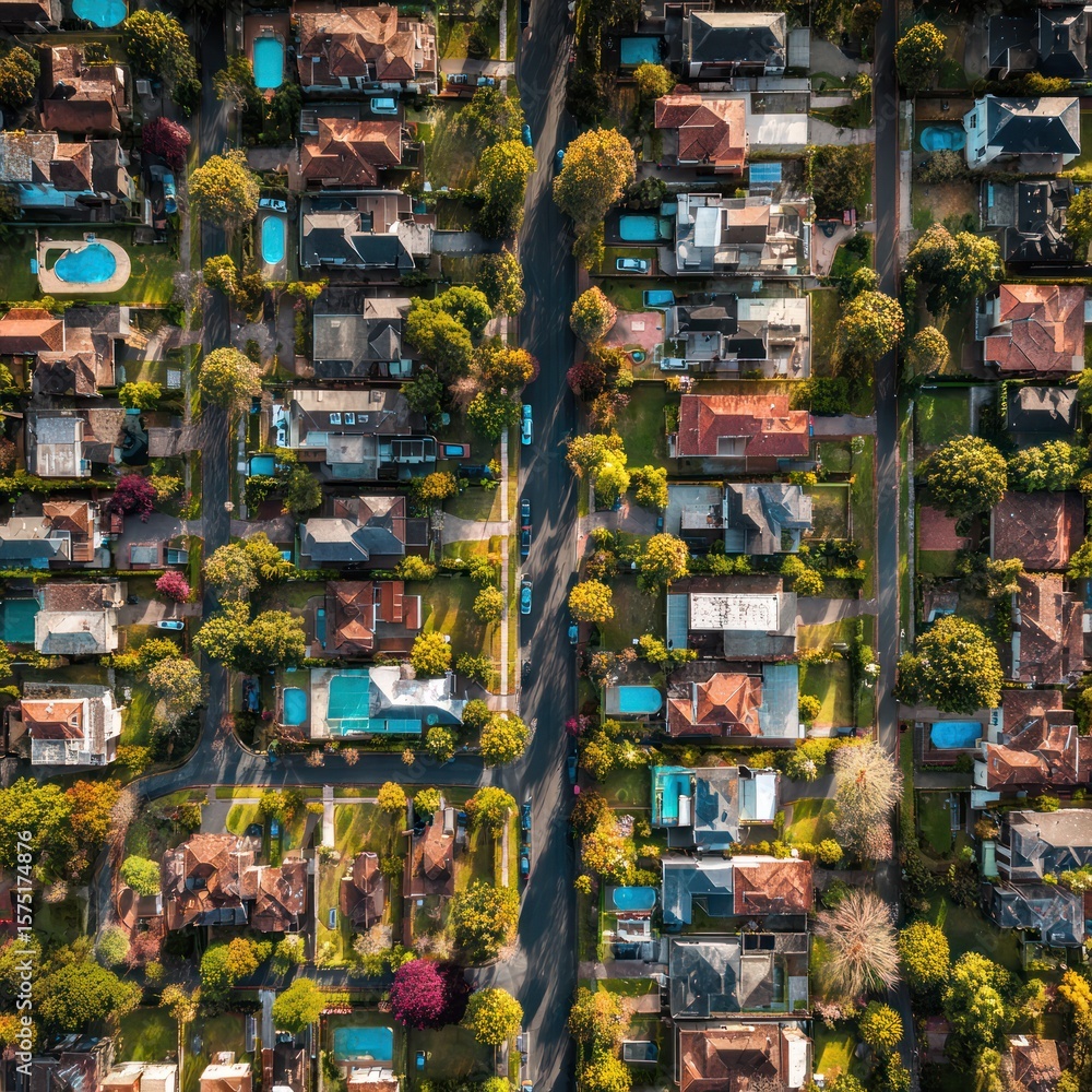 Fototapeta premium Detailed aerial shot of elegant street layout in a Sydney suburb, modern houses with swimming pools and trees, tidy rows in a square balanced composition