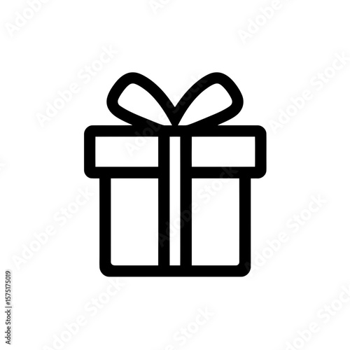 Abstract vector line art illustration depicting a simple gift box icon with a ribbon bow, presented on a clean white background, concept for online shopping interface, surprise bonuses and festive