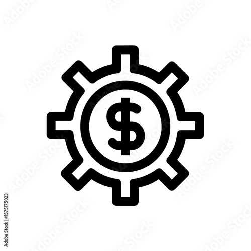 Crisp outline icon showing a dollar currency symbol perfectly centered within a mechanical gear mechanism, concept for fiscal policy implementation, financial technology solutions, and corporate