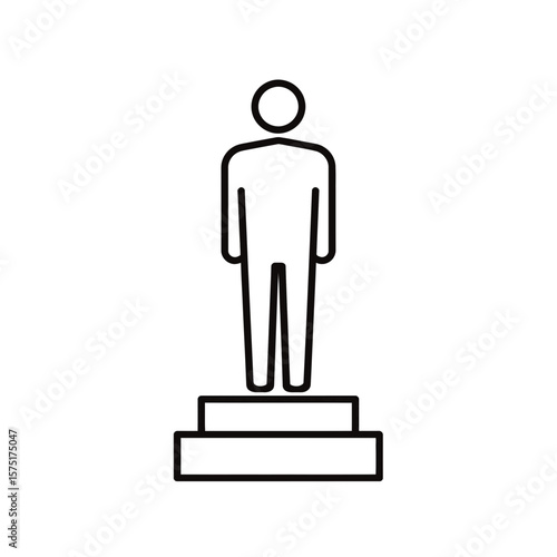 Minimalist linear graphic shows a standing person on a two step platform or winner's podium, concept for award ceremony, top performer status, and leadership hierarchy representation
