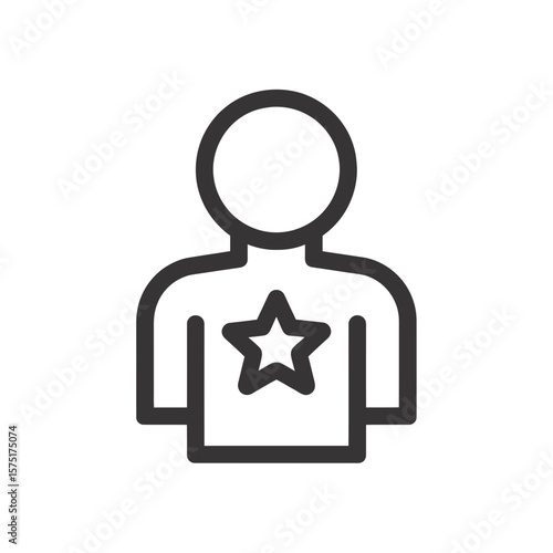 Clean line art icon depicts a person with a bold star symbol displayed prominently on their chest area, concept for user profile highlights, customer loyalty rewards systems, and professional