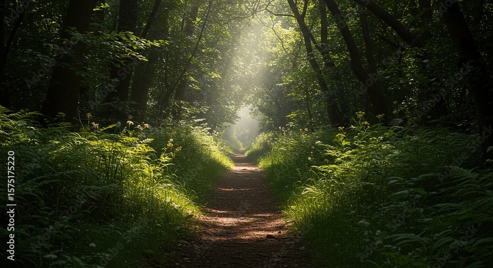 Obraz premium Path through a green forest with sunlight shining through the trees.