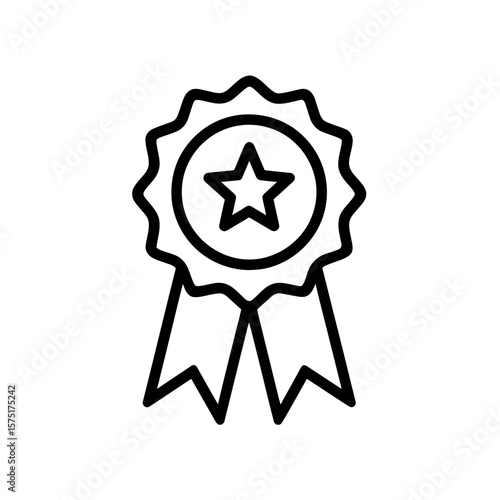 Clean line vector icon of a medallion badge featuring a star centered above two ribbons, concept for recognizing top performance, awarding excellence, and signifying premium quality standards