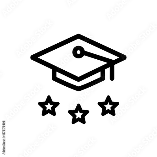 Vector line icon of academic graduation cap above three stars, symbolizing high achievement grade, concept for academic performance recognition, educational program ranking and student success awards