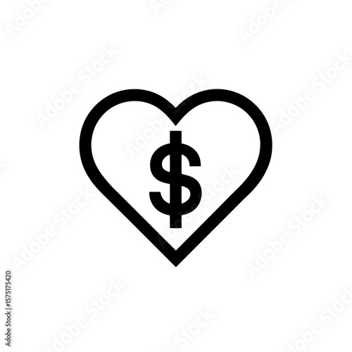 Clean graphic design illustration of a heart shape containing a prominent dollar currency symbol inside, concept for financial services marketing economic policy analysis and philanthropic giving