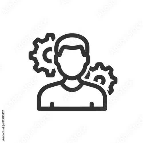 Detailed outline illustration of a person's head silhouette featuring two prominent gear symbols adjacent, concept for expertise development workshops, operational efficiency improvements