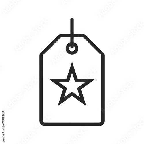 Outline style vector illustration depicting a hanging tag with a prominent star symbol at its center, concept for favorite product labeling, special offer indicators, and best quality endorsement
