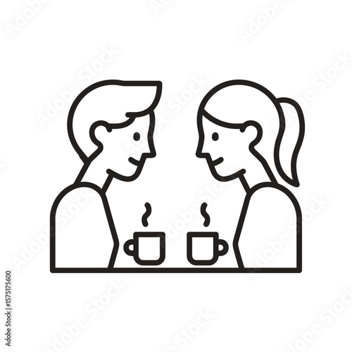 Simple black line vector shows a man and woman smiling at each other over steaming coffee cups on a table, concept for couple communication graphics, online dating platform designs and romantic