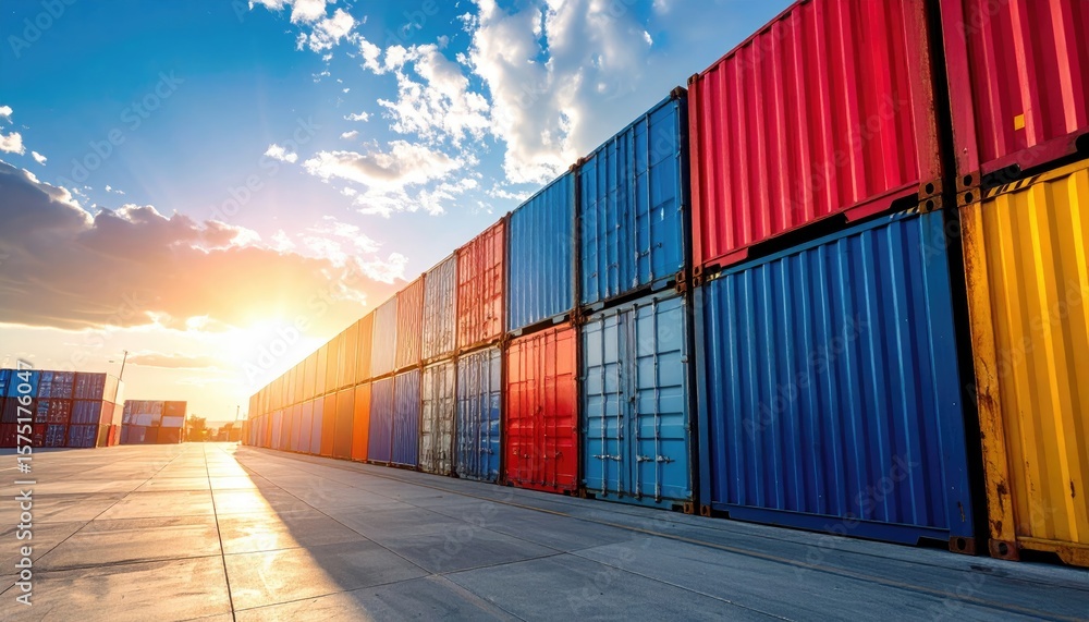 Fototapeta premium Colorful shipping containers line a paved area under a bright sky