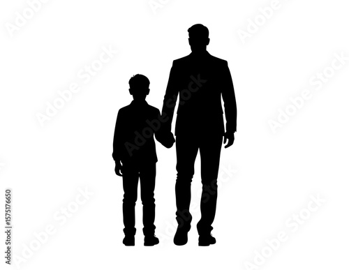 Silhouette of father and son walking hand in hand, ideal for family themes, fathers Day promotions, and parenting concepts.