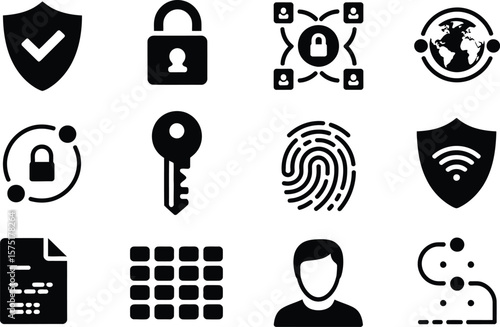 Black Security Icons Set: Shield Lock Key Fingerprint Data