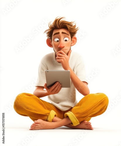 Animated cartoon boy sits cross-legged, holding tablet, looking thoughtful