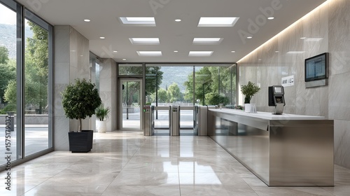 Modern office lobby with large windows, reception desk, and access control