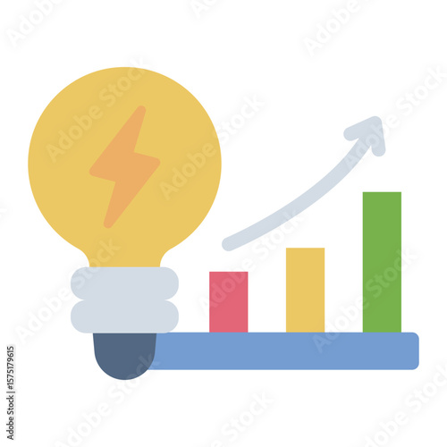power consumption flat icon with growth chart and bulb usage