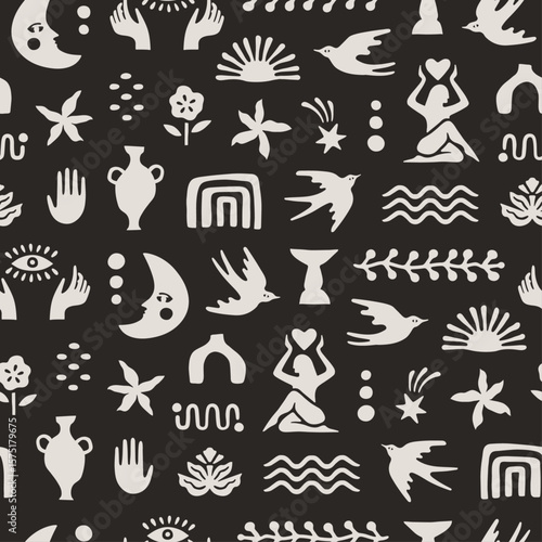 Seamless boho cut out pattern with hand-drawn matisse-style abstract motifs