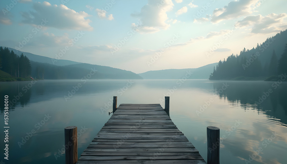Fototapeta premium Wooden Dock Reaching Calm Lake with Misty Mountains and Sky