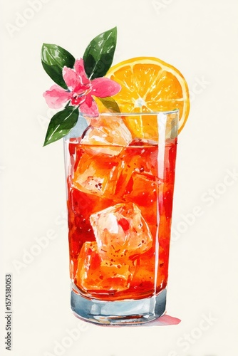 A vibrant, iced tea drink with a slice of orange and flower garnish