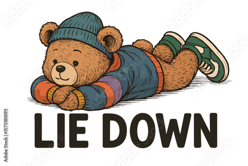 Cute bear in cozy sweater and beanie lying down in a relaxed posture during the afternoon