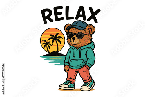 Bear in casual outfit stands near sunset beach with palm trees while promoting relaxation in a laid-back atmosphere
