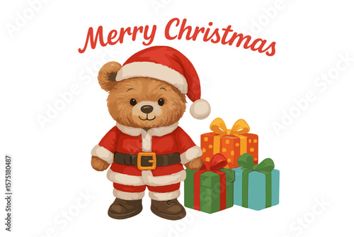 Cute bear dressed as Santa Claus celebrates Christmas with colorful presents in festive setting