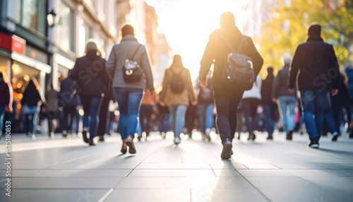 A view of the blurry city's streets during morning rush hour, when people in blurry silhouettes are walking.