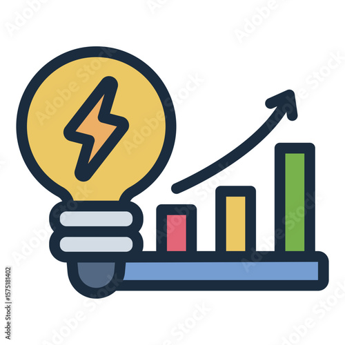 power consumption filled line icon with growth chart and bulb usage