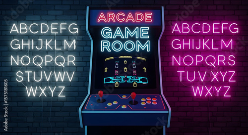 Retro Arcade Game Machine with Neon Alphabet Letters on Dark Brick Wall