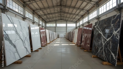Interior of a spacious warehouse with polished marble slabs in various colors and patterns neatly arranged along the corridor, showcasing stone material supply and industrial storage

