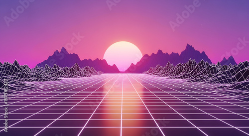 Retro Futuristic Neon Grid Landscape with Purple Mountains and Glowing Sun