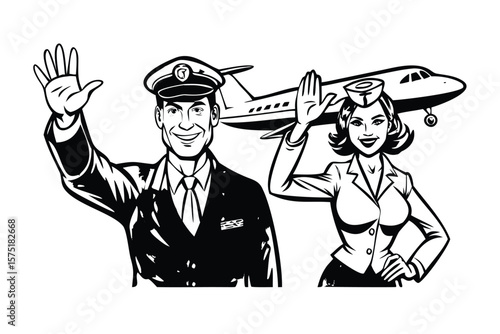 Pilot & Flight Attendant in Pop Art Comic Style. Retro Vector Illustration of Airline Crew