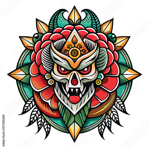 Colorful skull face surrounded by floral and ornate patterns