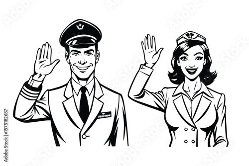 Pilot & Flight Attendant in Pop Art Comic Style. Retro Vector Illustration of Airline Crew