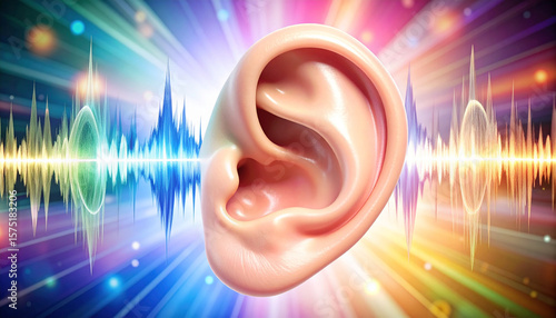 Human ear illustration with colorful sound waves emanating, representing hearing and auditory perception.