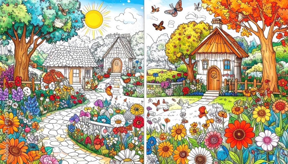 Obraz premium Colorful detailed coloring pages of whimsical houses and gardens