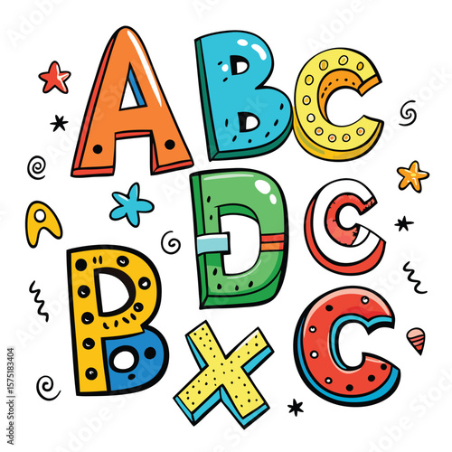 Colorful, cartoonish alphabet letters with decorative elements