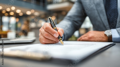 Professional real estate agent reviewing documents in modern office with copy space, business and property concept