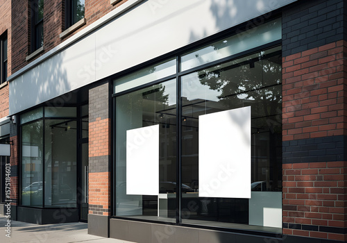 A modern storefront with blank posters, ideal for advertising, featuring large glass windows and red brick.