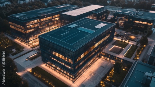 An aerial twilight view of a modern, multi-building campus, illuminated with warm interior lighting.  Neat landscaping surrounds the complex