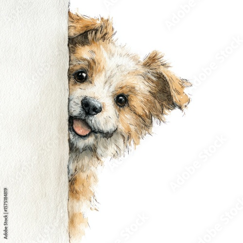 Playful puppy peeking from behind a white surface
