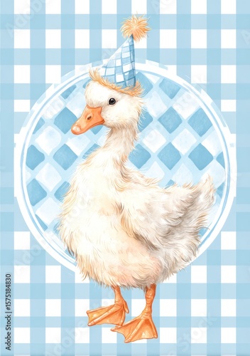 Cute duckling in party hat on blue gingham