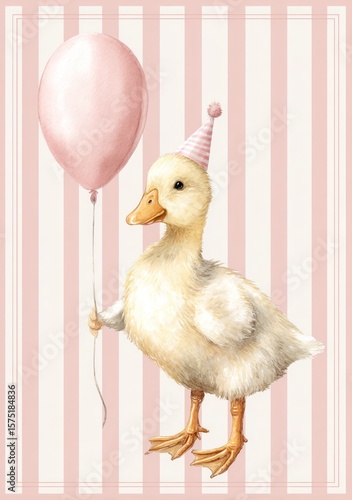 Pastel duckling with party hat and balloon against striped background