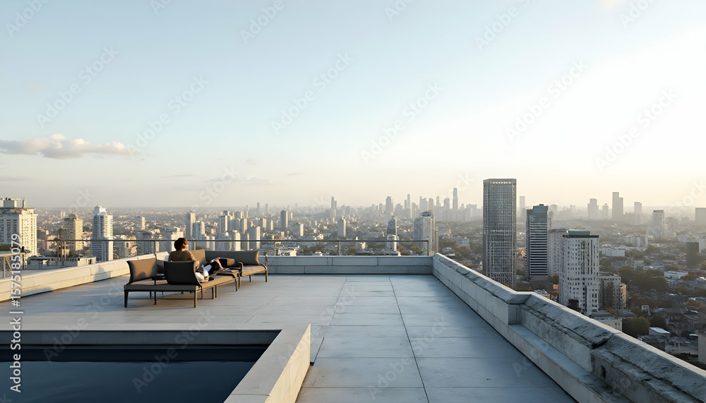 Obraz premium Person Relaxing on Rooftop with City Skyline at Sunset