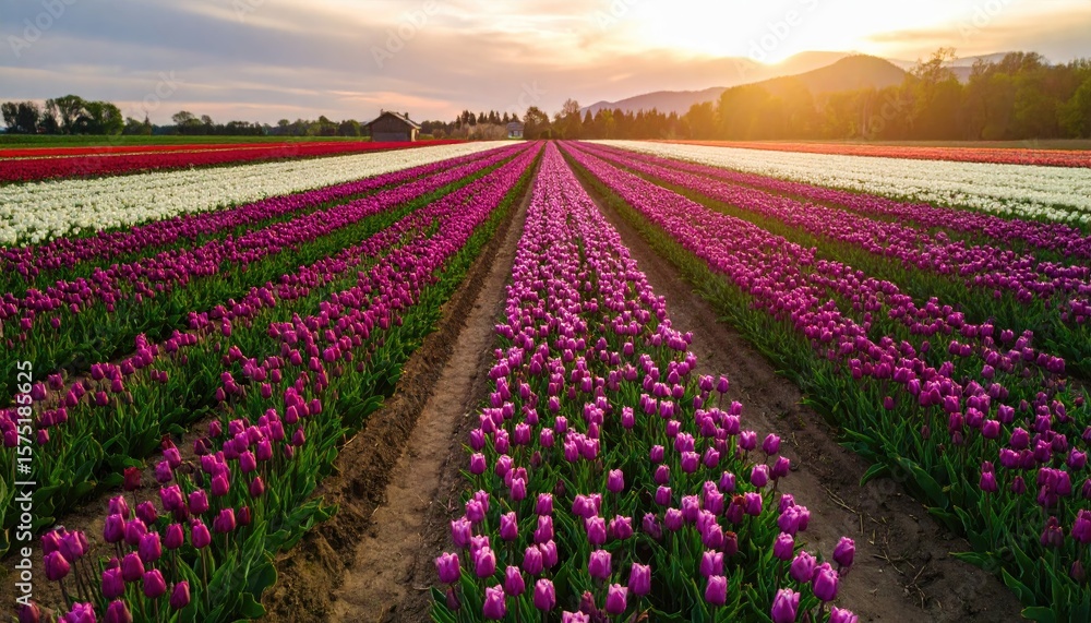 Colorful tulip field at sunset Colorful tulip field at sunset